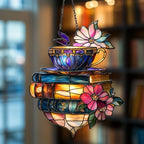 Tea Cup Flowers and Books Acrylic Suncatcher by AVAGAN