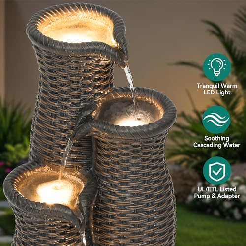 33" Faux Rattan Vase Water Fountain Outdoor with Warm LED Lights, Brown - Image 5