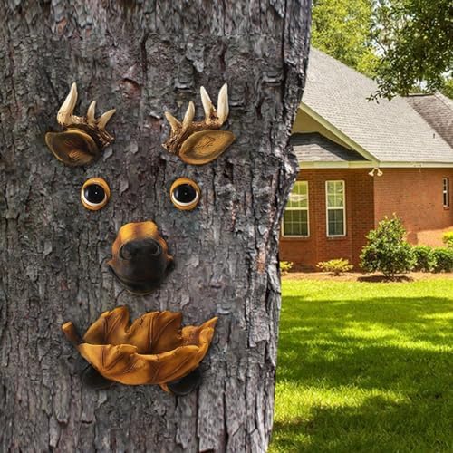 Tree Face Bird Feeder Decor Garden Decoration,Tree Hugger Yard Art Garden Decoration,Creative Multifunctional Cute Statue Yard Art Tree Hugger Sculpture for Outdoor - Pig(Deer) - Image 5