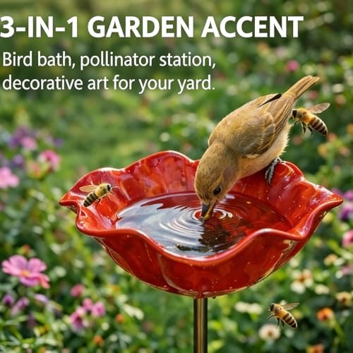2026 New Metal Flower Garden Stakes Bird Bath, Handmade Metal Flower Garden Stake, with Flowers Design, Colorful Butterfly Bee Bath Bowl for Outdoor Yard Decor (3 Pcs) - Image 2