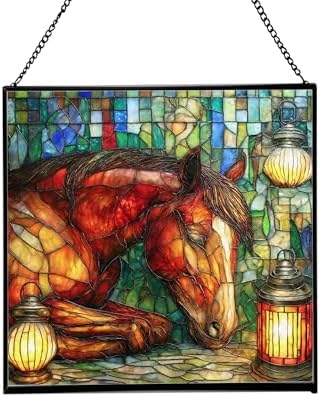 Bay Miniature Horse Curled Near Garden Lanterns Square Suncatcher – Stained Glass Style Window Panel with Pastoral Scene, Custom Decorative Hanging Art for Equestrian Home, Christmas w0YTNv by Custom