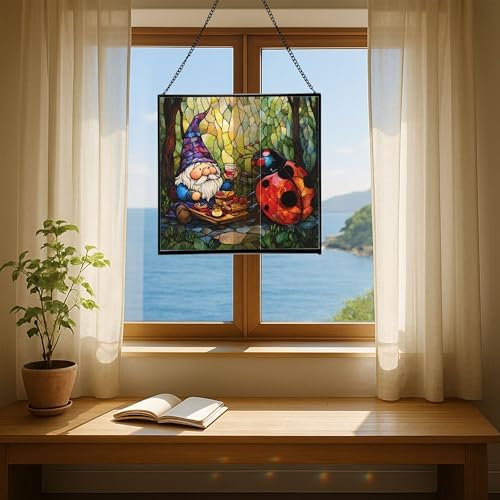 Lady.Bug Picnic Gnome Stained Glass Suncatcher – Square Hanging Window Panel for Home or Greenhouse – Whimsical Glass Art Gift for Garden Lovers, Christmas, Halloween, Father Days YBksu9 - Image 6