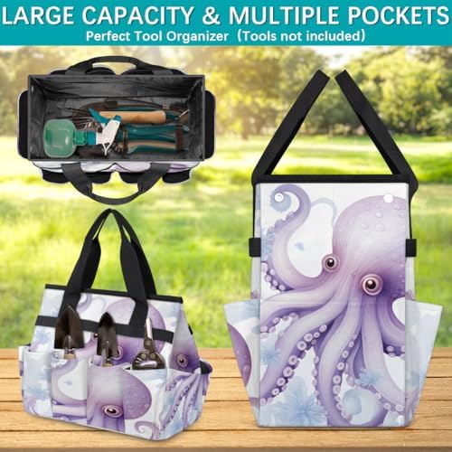 Watercolor Octopus Garden Tool Bag Organizer Heavy Duty Ocean Gardening Tote Bag with 10 Pockets for Women Men Gardening Gifts - Image 4