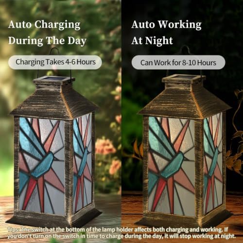 Solar Lantern Mid Century Stained Glass Outdoor Waterproof Garden Hanging Lantern Solar Powered Lighting Outside Solar Light for Patio Yard Camping, Gifts for Women Mom - Image 4