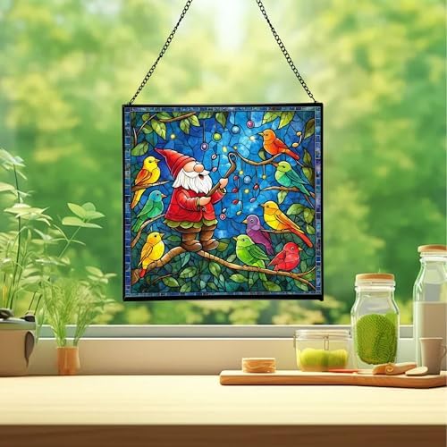 Gnome with Singing Birds Stained Glass Suncatcher – Square Hanging Window Panel for Home or Greenhouse – Whimsical Glass Art Gift for Garden Lovers, Christmas, Halloween, Father Days Q6K5Em - Image 2