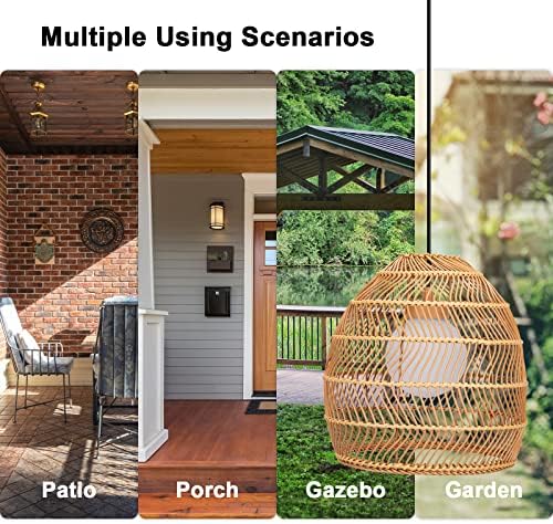 Outdoor Rattan Lantern Solar Chandelier Outdoor Pendant Lights Solar Hanging Lantern with Remote Outdoor Waterproof Pendant Lights for Gazebo Porch Patio - Image 3
