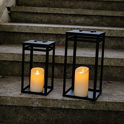 HPC Decor Black Metal Candle Lanterns Set of 2- Lanterns Decorative w/ LED Timer Candles- 15.8'' & 12.6'' Chunky Modern Farmhouse Lantern Decor for Indoor,Outdoor,Fireplace,Porch (No Glass) - Image 3