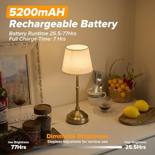 Cordless Table Lamp, Rechargeable Desk Lamp with Fabric Shade, 5400mAH Battery Operated 3 Color Stepless Dimming, Portable Touch Bedside Lamp Home Decor for Dining, Counter (Brushed Gold) - Image 5