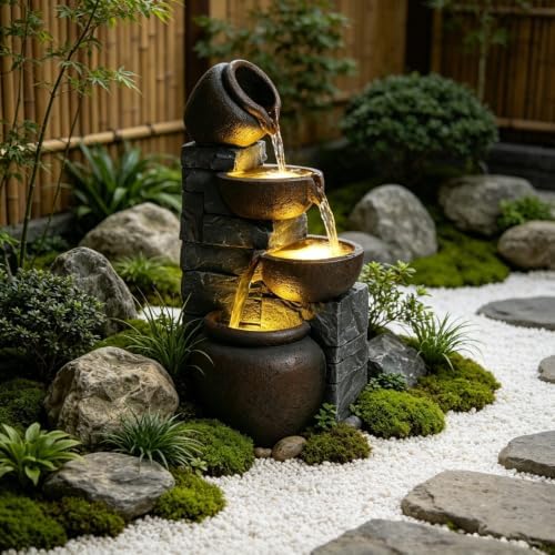 Outdoor Water Fountain with Lights 4 Tier Cascading Pots Resin Stone Look Garden Waterfall Fountain for Patio Yard Porch Landscape by Unknown