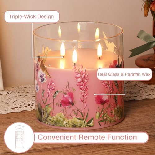 Pink Hummingbird Large 3 Wick Glass Flameless Pillar Candle with Remote - Image 3