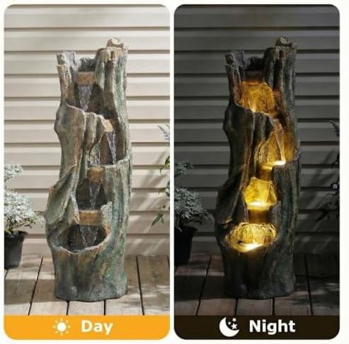 Tree Trunk Waterfall Fountain with LED Lights Tiered Cascading Resin Garden Water Feature for Patio Backyard Indoor Outdoor - Image 4