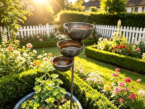 Three-Tiered rainwater Harvester Garden Pole, Vintage Rusted Metal Bird Bath, Bird and bee Drinking Cup, Decorative Outdoor rainwater Harvester Suitable for Patio, Lawn, and Garden Landscaping (1) - Image 5