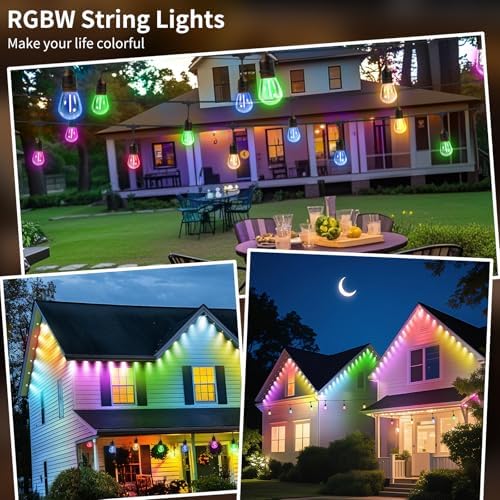 50FTOutdoor String Lights,24+2 LED RGBW Color Change,3000K Bright White | Heavy-duty commercial grade IP65 Waterproof, Dimmer & Remote, 12 Colors & 4 Modes, Outdoor Lights for Patio Backyard Decor - Image 6