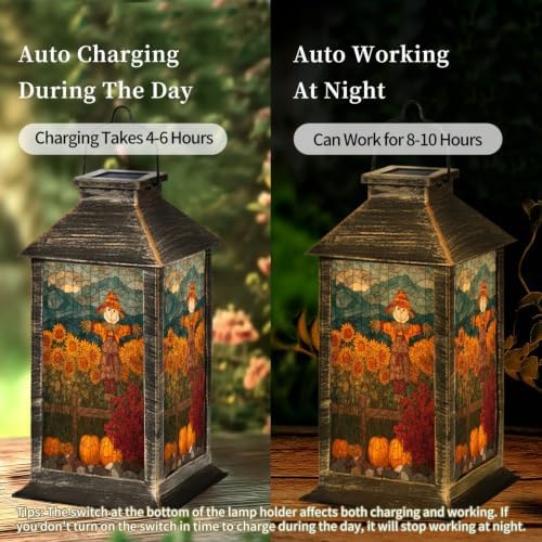 Fall Solar Lantern Watercolor Style Stained Glass Fall Landscape Decor Panel Waterproof Outdoor Hanging Lantern, Solar Powered Garden Light for Patio Yard Camping, Halloween Gift - Image 4