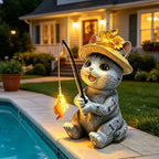 Solar Garden Outdoor Cat Statues, 10.24in Fishing Cat Figurine Solar Lights - Image 4