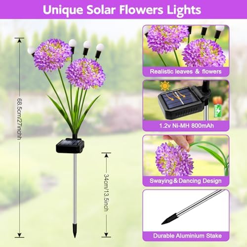 Solar Garden Lights, 8 Pack Solar Purple Swaying Firefly Lights with Flowers, Waterproof Purple Halloween Flowers Light Outdoor for Garden Patio Yard Fall Decoration, Gifts for Women Mother's Day - Image 2
