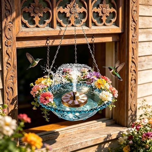 Hanging Solar Bird Bath Fountain Solar Powered Bird Bath Fountains Water Pump with 8 Spray Heads Water Feature for Hummingbirds in Garden Yard Patio, Blue by TORCARVHAUTOACCESSORIES