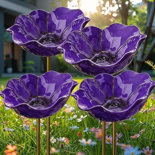 Handmade Metal Flower Garden Stake, 2 in 1 Detachable Outdoor Bird Bath & Pollinator Water Station, Weatherproof Bee Butterfly Drinking Bowl, Colorful Yard Lawn Art Decor Ornament (4, Purple) by Unknown