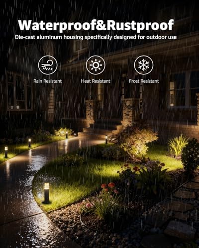 SUNVIE 12-Pack Low Voltage Landscape Lighting Kit LED Bollard Pathway Lights Wired with Spotlights for Garden, Path, Yard, Patio, Cast-Aluminum, IP65 Waterproof, 12-24V AC/DC, 3000K Warm White, Black - Image 3