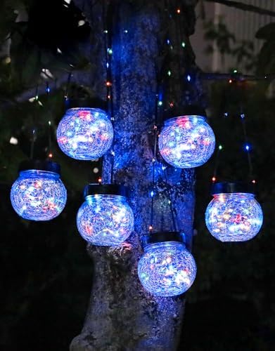 PARTPHONER Solar Lantern Solar Lights Outdoor Waterproof 6-Pack, Solar Powered Hanging Lights Cracked Glass Hanging Globes for Christmas Decoration, Shepherd Hook, Garden Tree Ornaments, Multi-Color by PARTPHONER