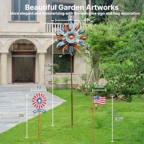 Wind Spinners Outdoor, 84" Large Metal Kinetic Wind Sculptures for Garden, Classic Yard Art with 2 Piece Welcome Flag Decoration - Image 2