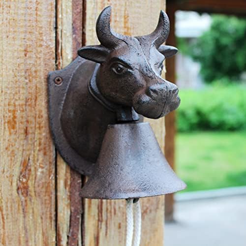 Heavy Duty Cast Iron Wall Bell, Wall Mounted Dinner Bell Metal Wall Art Decoration for Indoor Outdoor Garden Home, Bull Head Design by Unknown
