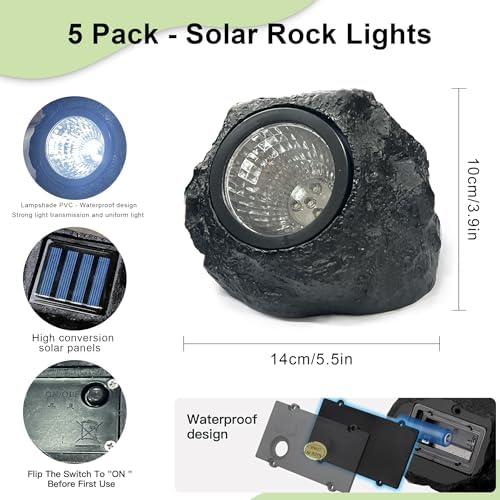 LIYAOLI Solar Rock Landscape Lights - 5 Pack Waterproof IP65 Fake Stone Solar Lights for Garden Pathways | Outdoor Ground Lighting with Auto On/Off & White LEDs - Image 5