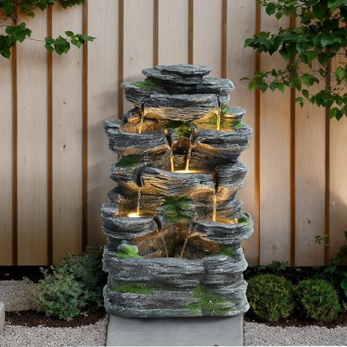 Rock Outdoor Water Fountain, 7 Tiered Waterfall Fountains with LED Lights, Floor Waterfalls Outside, Modern Cascading Flow Rock Fountain for Garden, Yard, Patio, Home Decor by Unknown