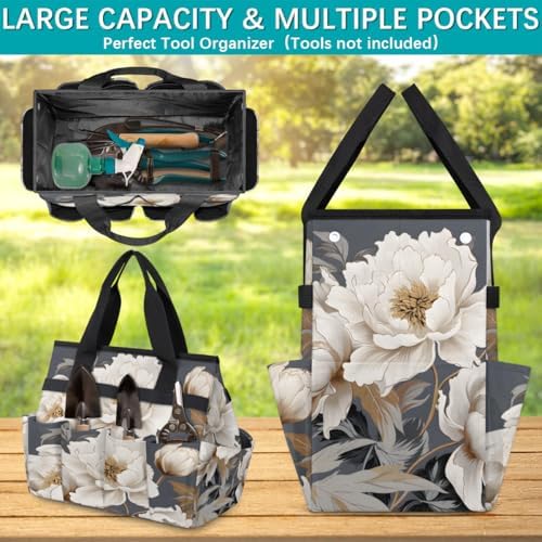White Garden Tool Bag Organizer Heavy Duty Floral Flowers Gardening Tote Bag with 10 Pockets for Women Men Gardening Gifts - Image 4