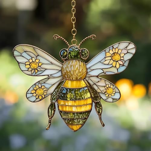 Honey Bee Daisy Acrylic Suncatcher 8 Inches, Fall Decoration Indoor Outdoor, Bedroom Porch Decor, Stained Glass Effect Window Hanging, Bee Garden Ornament, Nature Lover Gift for Mom Grandma by XISZYS