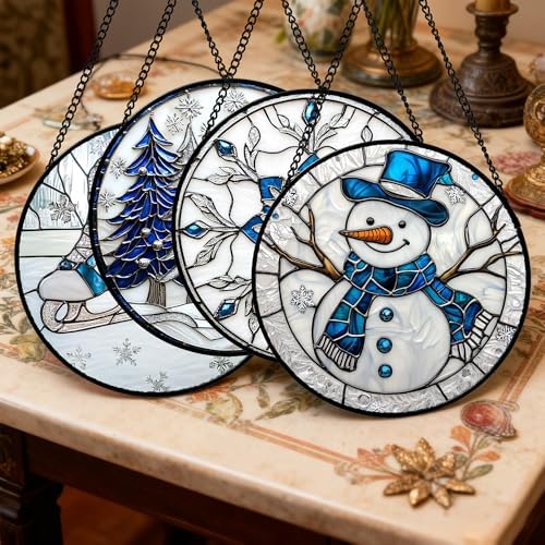 DASTOLL Stained Glass Window Hanging 4 Pcs Set White Winter Christmas Snow Scene 9.8" - Suncatcher Door Garden Sun Catcher Decor Birthday for Mom Woman Nana Men Friend Wife - Image 2