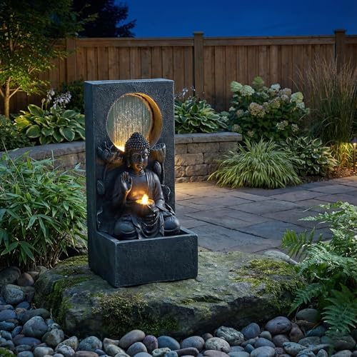 28 Inch Zen-Style Buddha Fountain, Freestanding Water Feature for Outdoor - Image 2