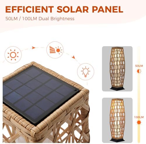 Solar Yard 2-Piece Outdoor Floor Lamp Solar Lantern, Water-Resistant Wicker Boho Patio Light with 50&100 Lumens Dual Brightness for Garden Porch Deck Decor, Large Cindy Natural - Image 2