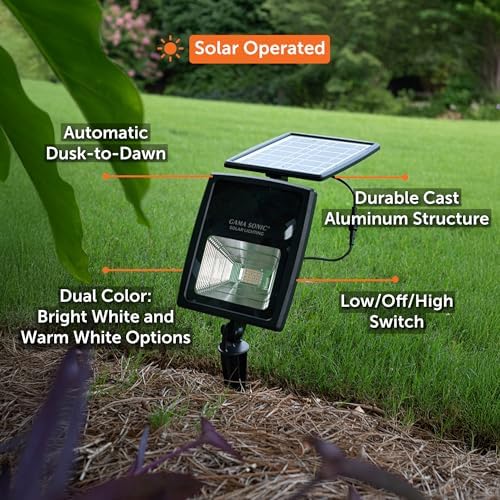 Gama Sonic Dual Color Solar Flood Light, Outdoor Black Cast Aluminum, Stake or Flat Mount Uplight for Trees, House, Landscaping, Walls with Detachable Solar Panel (203001) - Image 4