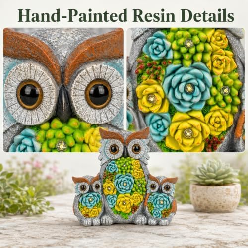 Solar Garden Statue Lights, Owl Family Decor with LED Succulent Flowers, Cute Solar Owl Figurines, Waterproof Resin Outdoor Yard Art for Patio Lawn Porch, Garden Gifts for Women Mom Grandma - Image 5