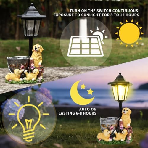 Golden Retriever Statue Outdoor Solar Sculptures with Solar Lantern and Flowerpot Funny Garden Decor Dog Figurines Resin Outdoor Statues for Patio Yard Lawn Balcony Grandma Mom Gifts - Image 4