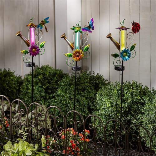 Evergreen Family Products Pollinator Garden Metal Solar Chasing Light Watering Can Stake, 3 Assorted, Set of 3 Assorted Designs by Unknown