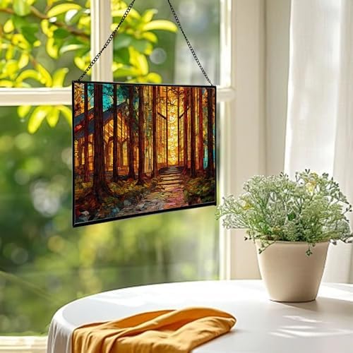Sun Shining Through Window in Forest Chapel Rectangular Stained Glass Suncatcher – Hanging Window Panel with Animal & Nature Scene – Vibrant Glass Art Gift for Wildlife, Fantasy, Nature Lovers rQwQYE - Image 2