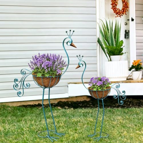 COOZZYHOUR Metal Peacock Planter with Fiber Basket -Garden Bird Planters for Outdoor Indoor Lawn,Yard,Porch,Patio, Garden Decorations（Set of 2） - Image 2