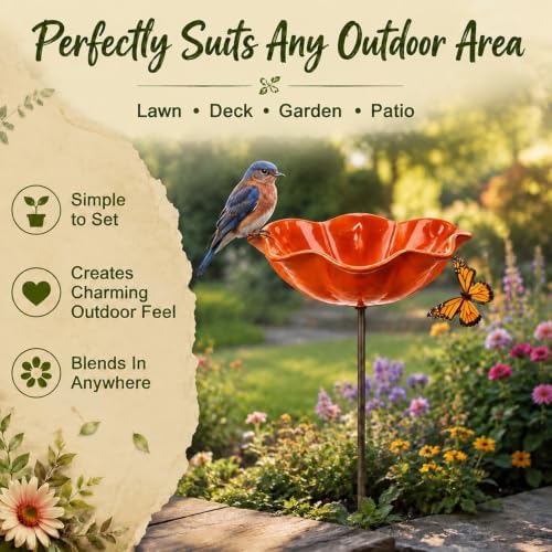 Handmade Metal Flower Bird Bath, Bee & Butterfly Watering Station, Decorative Outdoor Garden Stake with Vibrant Glossy Bowl for Yard Patio Lawn Planter - Image 5