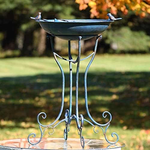 Zaer Ltd. Deep Well Made Metal Birdbath with 2 Cast Iron Birds and Leaf Decoration (Frosted Blue) - Image 2
