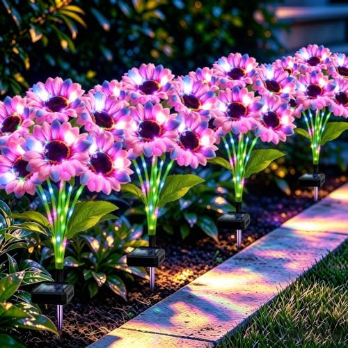Solar Garden Lights Outdoor, 4 Pack Solar Multicolor Sunflower Lights with 24 Head 3.5 Inch Flowers, Waterproof Flowers Light Fall Decor Auto ON/Off for Garden Yard Patio, Gifts for Mom Women by MRHEPHAESTUS