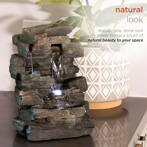 Alpine Corporation 13" Tall Indoor Tabletop Water Fountain, 4 Tier Cascading Water Feature with LED Lights for Home, Office, Living Room, or Zen Decor, Gray - Image 5