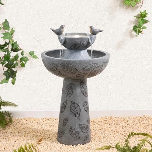 Glitzhome Outdoor Water Fountain with Lights & Pump, 26" H 2-Tiered Polyresin Bird Bath Fountain Floor-Standing Water Feature Waterfall Fountain for Garden, Yard, Patio, Home Decor - Image 2