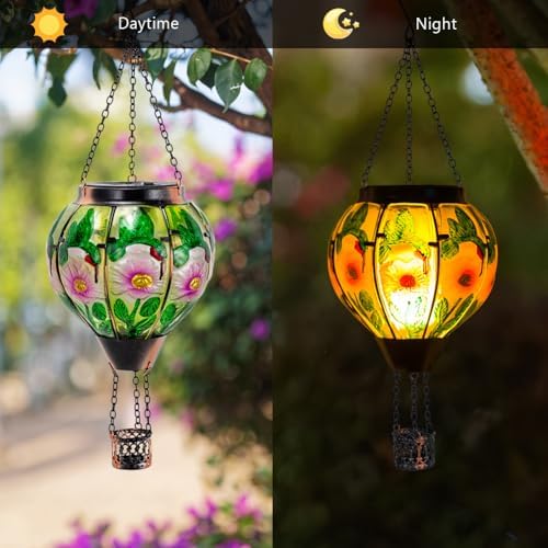 STARSOUL Hummingbird Solar Hot Air Balloon Lantern with Flickering Flame, Hanging Solar Lantern Outdoor Waterproof, Hot Air Balloon Solar Light Decorations for Garden Yard Lawn Porch Porch Backyard - Image 5