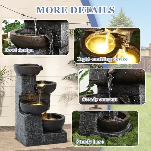 Grepatio Outdoor 4-Tiers Water Fountain, Garden Cascading Waterfalls Fountain with 4 LED Lights, 21.9" H Modern Indoor/Outdoor Bowl Waterfall Feature Water Fountains for Garden, Yard Decor (Brown) - Image 5
