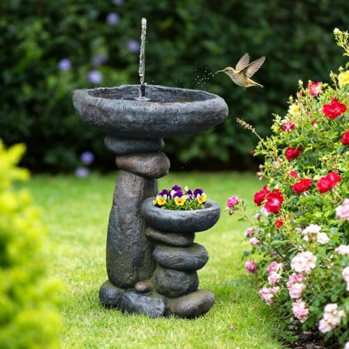 Solar Water Fountain for Bird Bath, Solar Powered Freestanding Water Feature with LED Lights, Multi-Tier Stacked Stone Bird Feeder & Planter for Yard, Porch and Outside Decor - Image 2