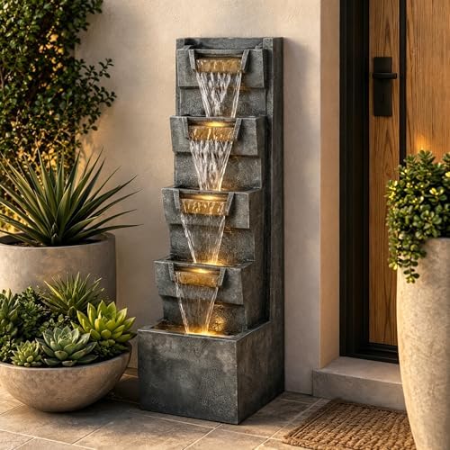 39.4" Outdoor Water Fountain, Tall 4-Tier Cascading Waterfall Fountain with Warm LED Lights, Stone-Look Resin Water Feature with Quiet Pump for Patio Garden Porch Entryway Backyard Decor by CtoSpoaTo