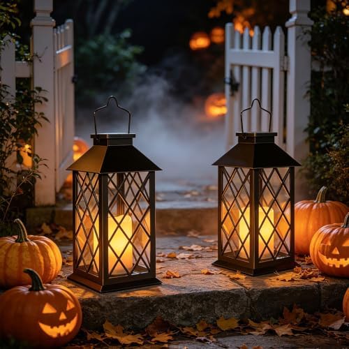 [2 Pack] TAKE ME Black 14" Solar Lanterns Outdoor Waterproof Garden Lanterns LED Candle Lights for Garden Outdoor Decor Mothers Day Gifts - Image 2