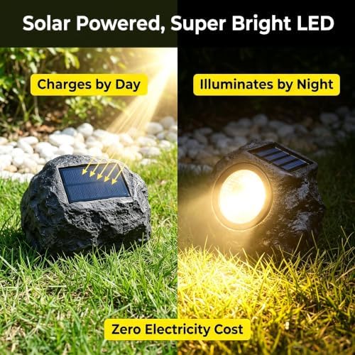 Solar Rock Lights Outdoor, 2 Pack Warm White LED Garden Stone Lights, Realistic Rock Design,Wireless Solar Powered Pathway Lights, IP65 Waterproof Landscape Spotlights for Yard Patio Lawn - Image 3